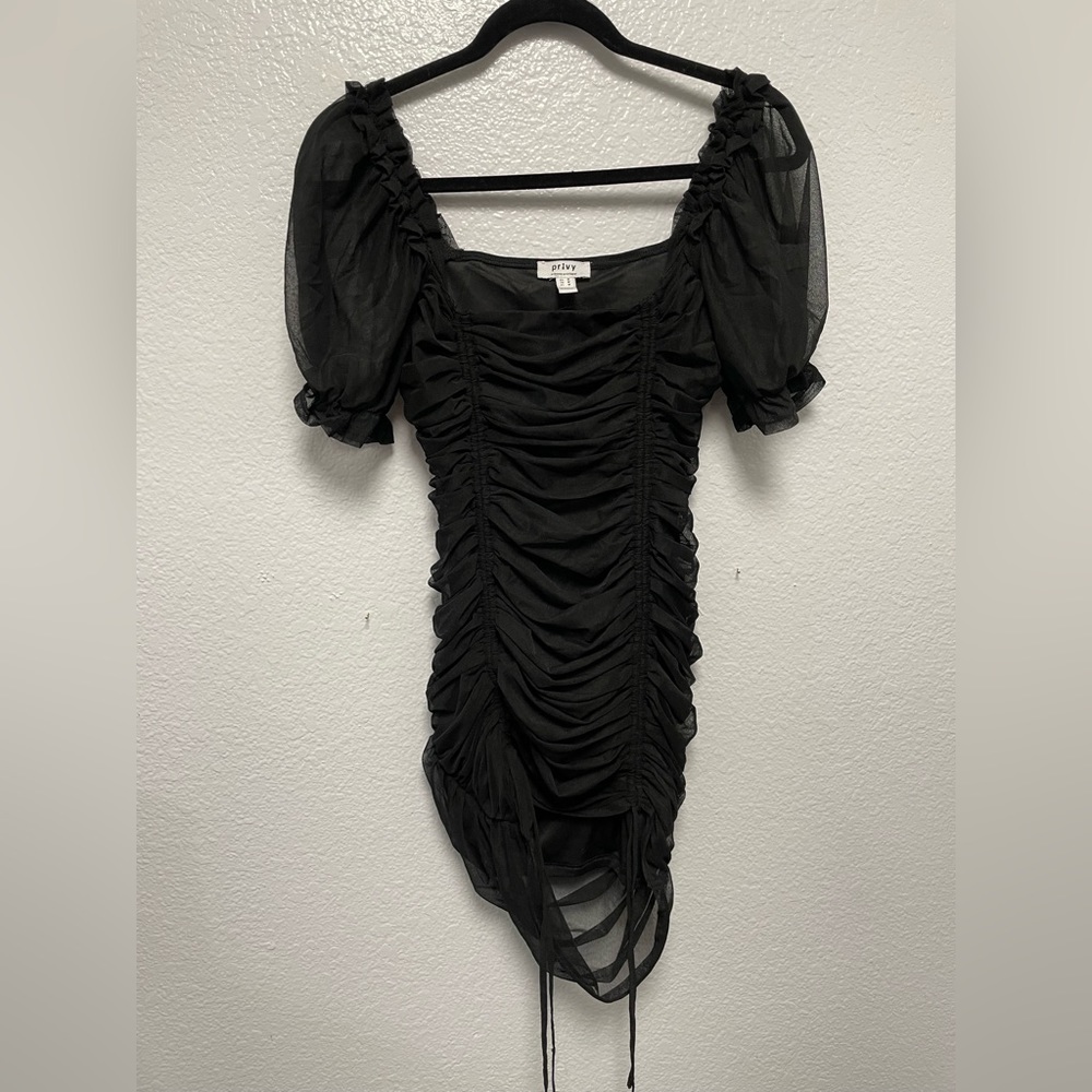 Black Rouched Mini Dress with Puff Sleeves